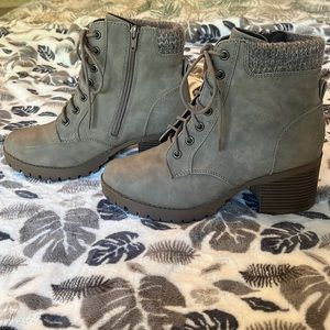 SODA chunky heel combat boots in taupe.